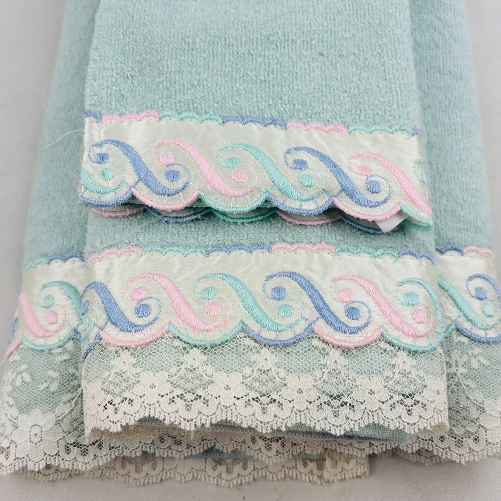 Vtg Cannon Towel Set Bath Hand Washcloth Green Pastel Scroll Scalloped Lace Trim